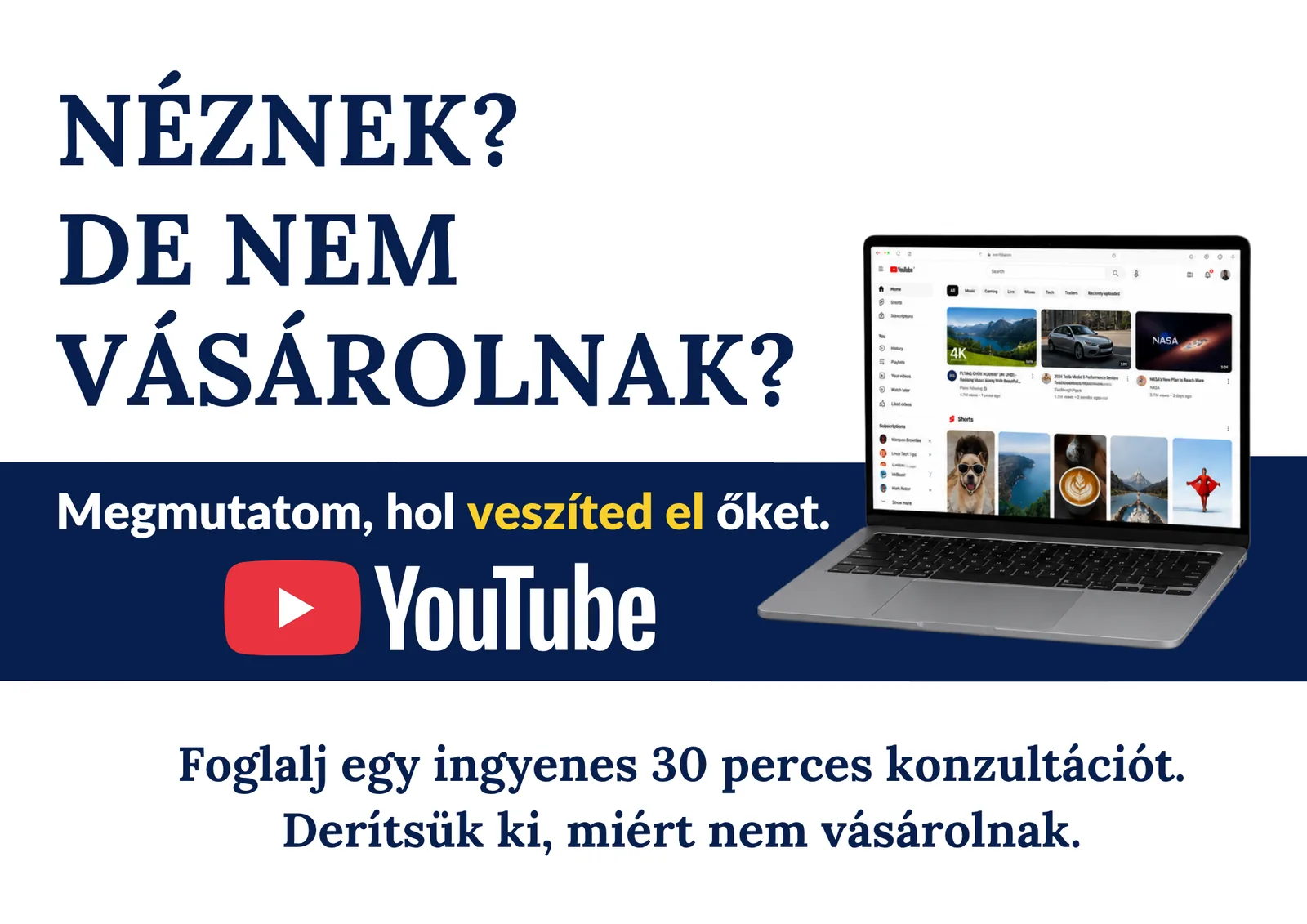Ugyanaz a kampányüzenet világos, navy–fehér változatban, laptop-mockuppal
