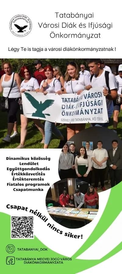 Bemutatkozó roll-up a diákönkormányzat értékeivel, fotókkal és QR-kóddal