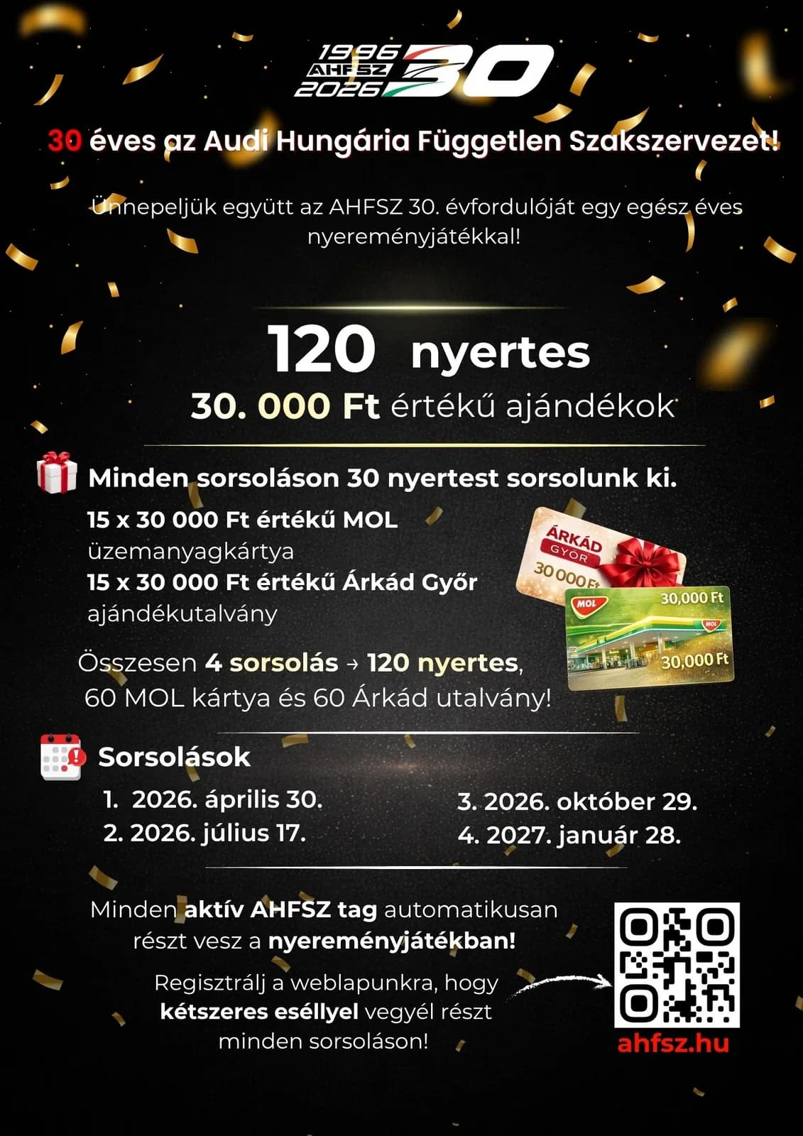 AHFSZ 30 éves jubileumi nyereményjáték-plakát fekete-arany, konfettis háttéren, utalvány-mockupokkal