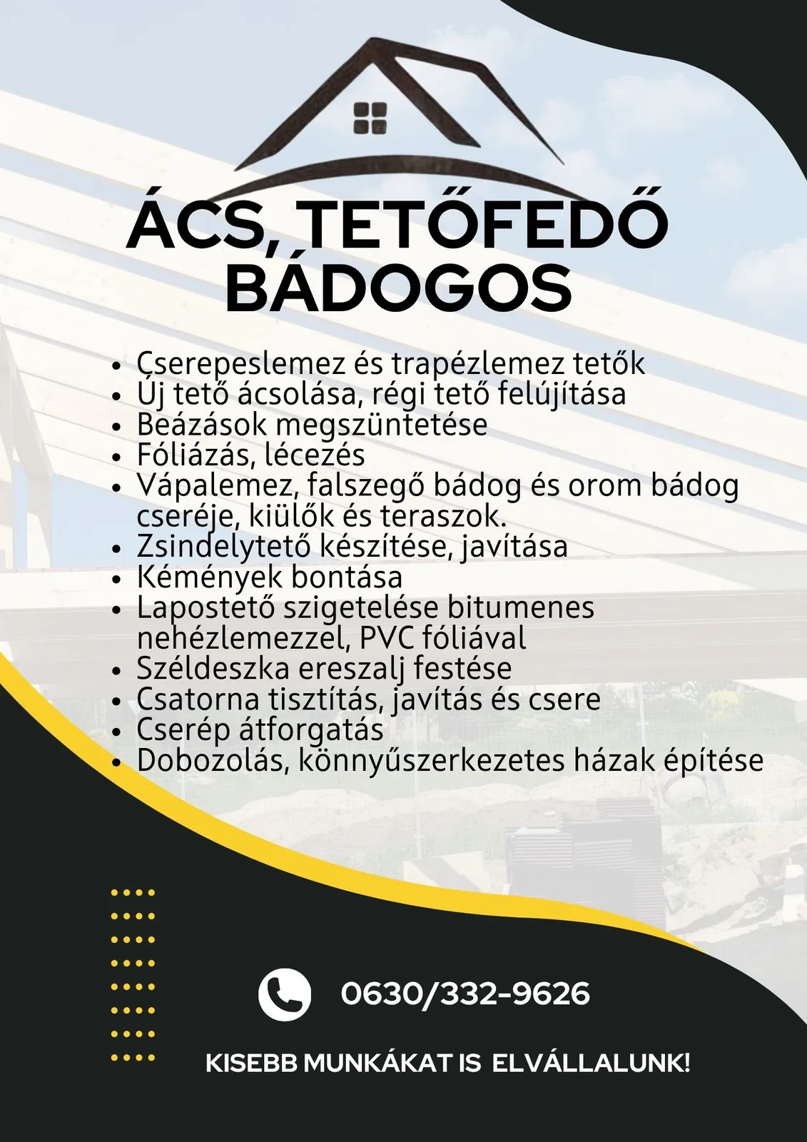 A szórólap hátlapja 13 pontos szolgáltatáslistával és a ház-sziluettes logóval
